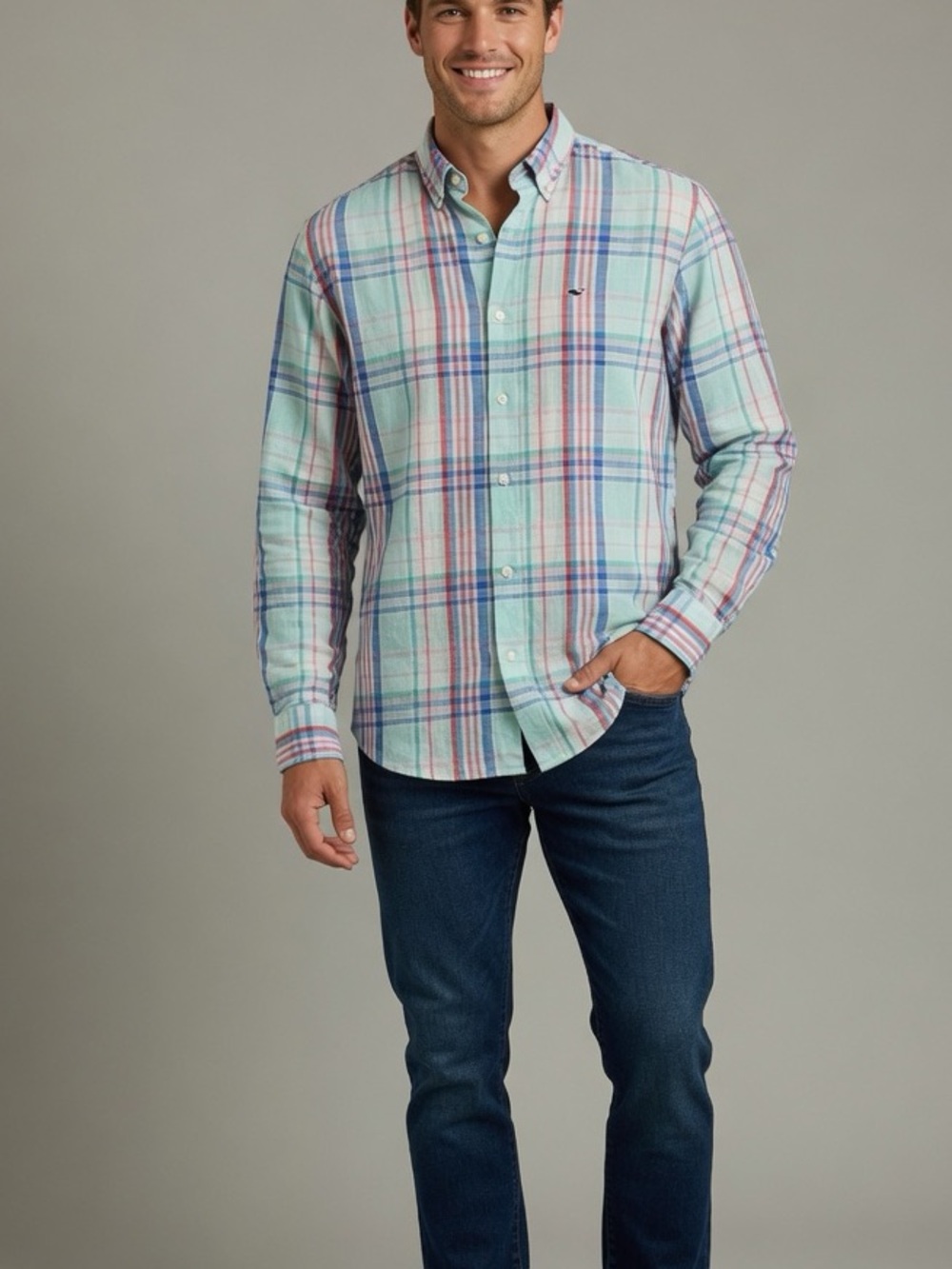 Vineyard Vines Mint Plaid Button-Down Shirt CLASSIC fit Whale Shirt Large